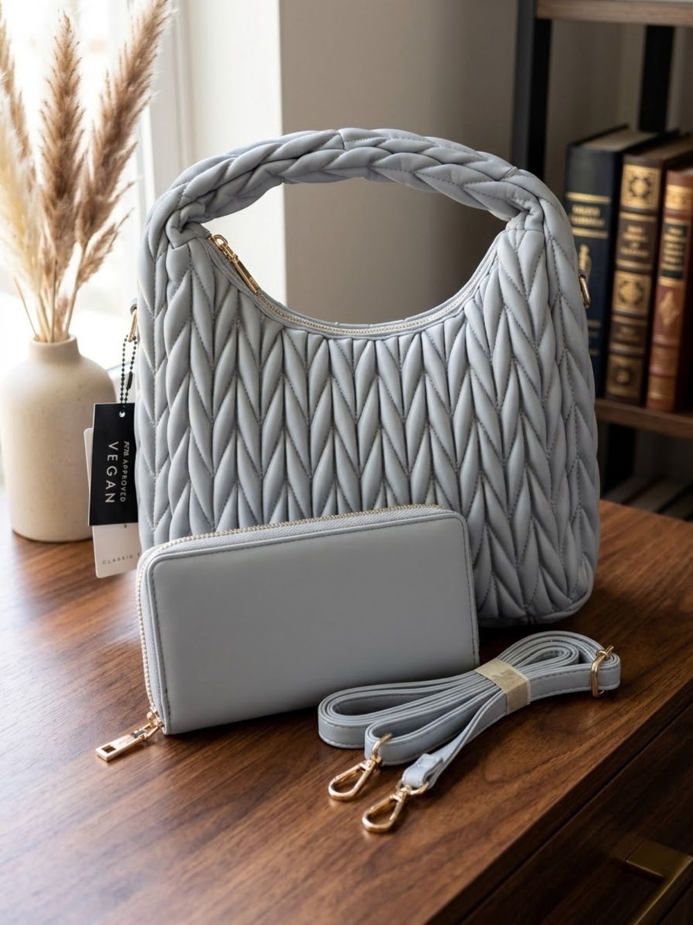 3-Pc Vegan Leather Quilted Bag Set – Shoulder Hobo Bag, Matching Zip Wallet & Cr